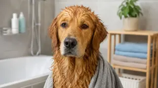 Zmoknięty golden retriever owinięty ręcznikiem. Kąpiel to klucz do tego, co zrobić, żeby pies nie śmierdział.