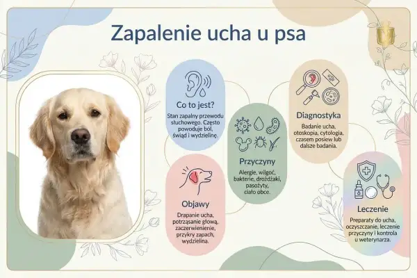 Zapalenie ucha u psa: objawy, przyczyny, diagnostyka i leczenie. Zdjęcie przedstawia psa rasy golden retriever, który może cierpieć na tę dolegliwość.