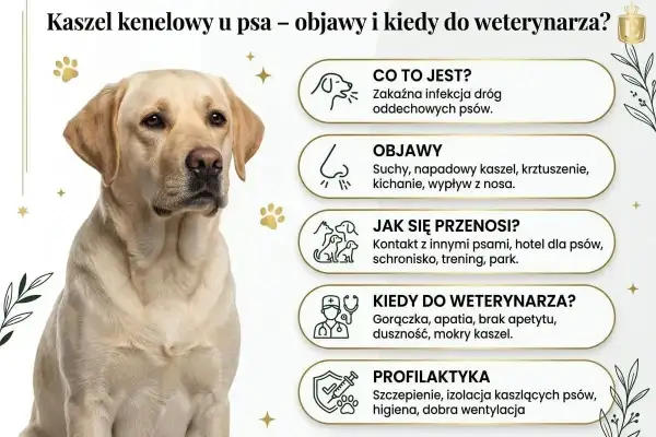 Labrador z objawami kaszlu kenelowego u psa: suchy kaszel, kichanie, gorączka. Informacje o przyczynach i profilaktyce.