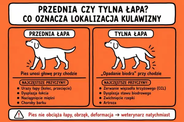 Pies kuleje, ale nie piszczy. Ilustracja pokazuje, jak rozpoznać, czy problem dotyczy przedniej, czy tylnej łapy psa, wraz z najczęstszymi przyczynami.