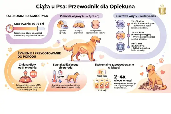 Ilustracja przedstawia ciążę u psa, z objawami, wizytami u weterynarza, zmianami w żywieniu i przygotowaniem do porodu.